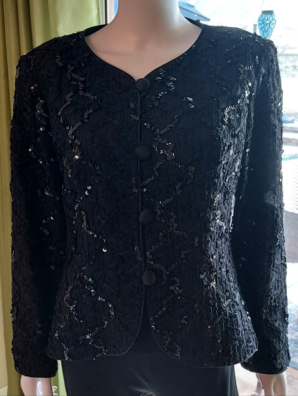 JS Collections: Ladies Black Sequin Lace Embroidered Jacket: Size 14